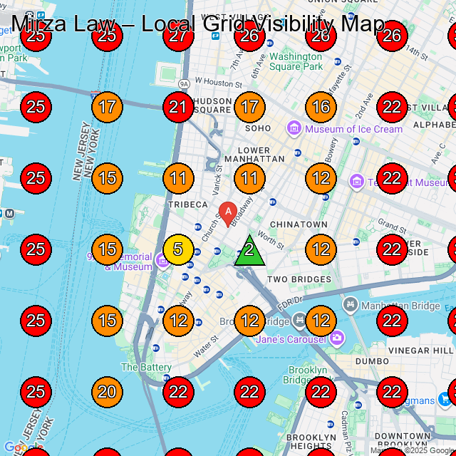 Mirza Law GeoGrid visibility map for Employment Attorney in New York